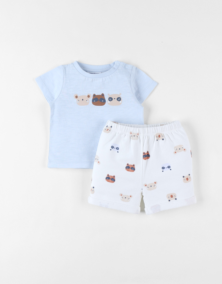Animal Print T-shirt + Shorts Set, off-white/light blue