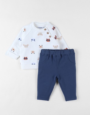 Animal print sweatshirt set + denim jogging pants, off-white/navy blue
