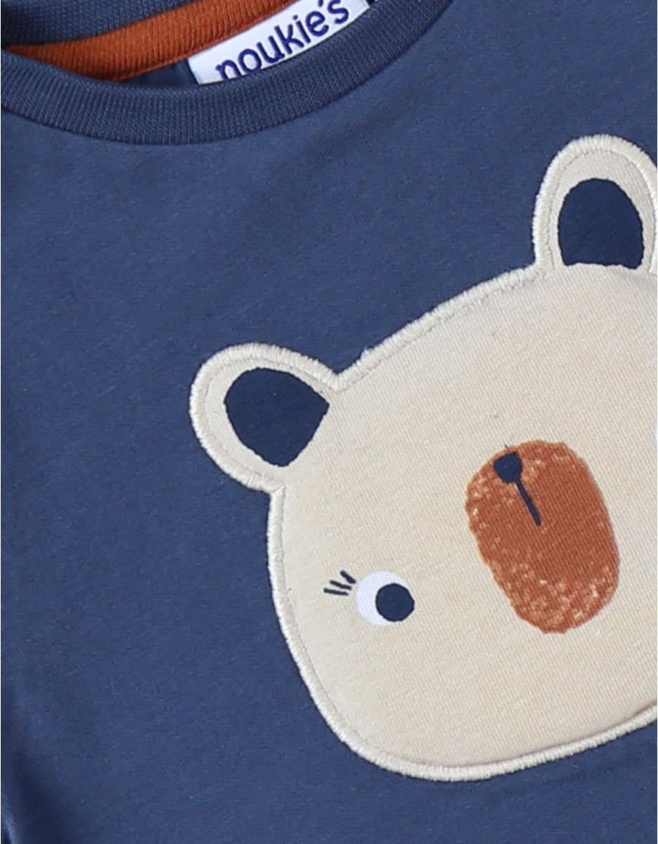 T-shirt panda à manches courtes rayé, bleu marine/écru