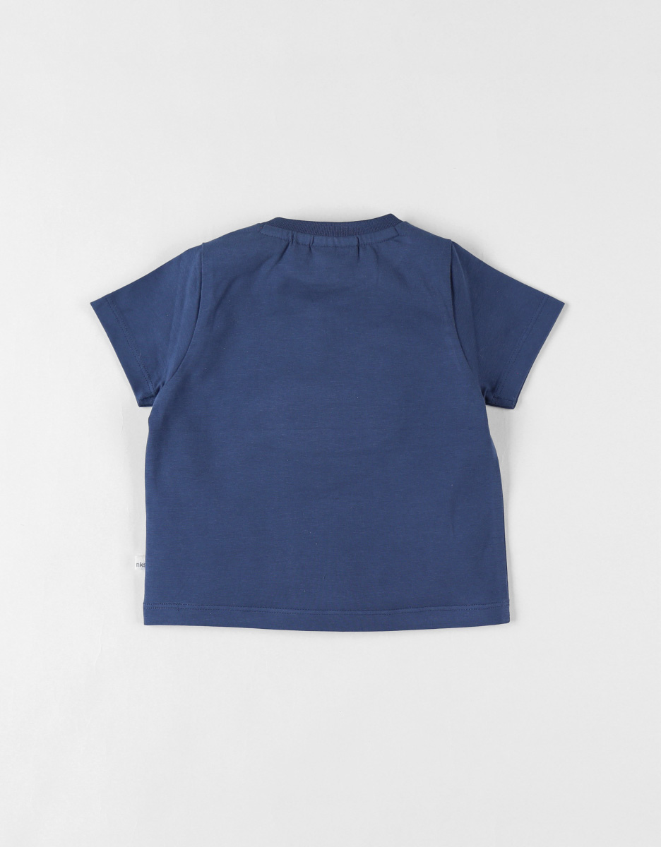 Striped short-sleeved t-shirt with panda print, navy blue/ecru