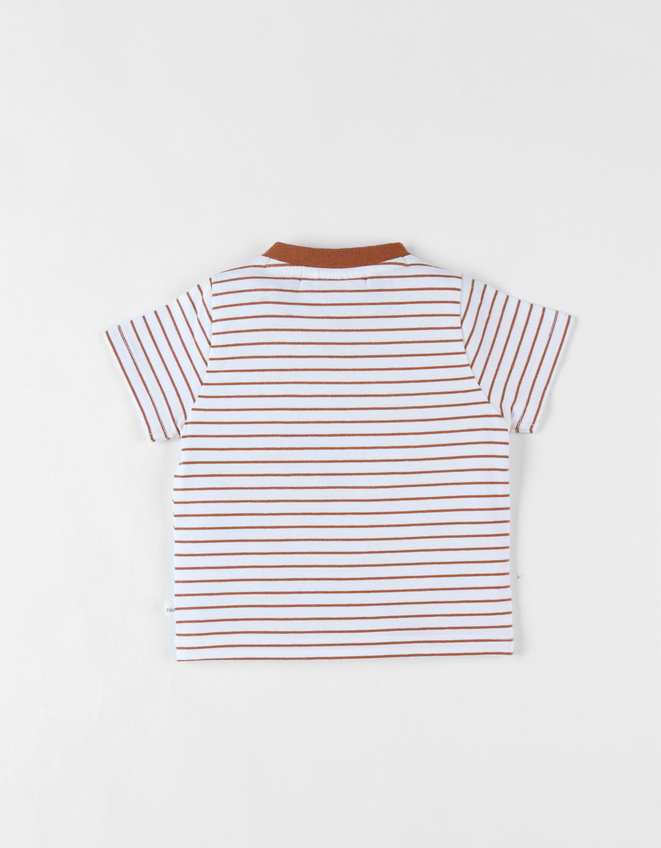 Short-sleeved striped t-shirt with panda print, ecru/caramel