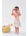 Bi-material short-sleeved dress with floral print, powdery pink