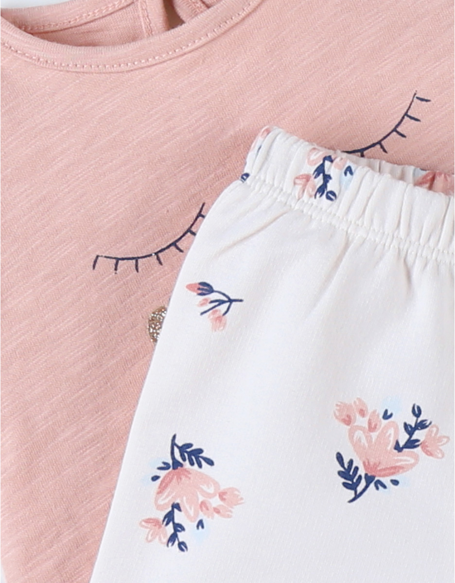 Set with floral print T-shirt + shorts, powder pink/off-white