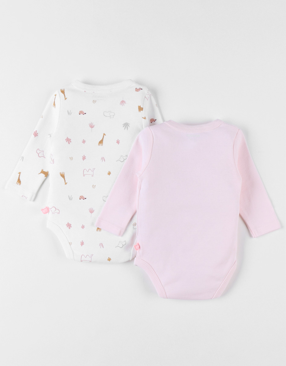 Set of 2 cotton bodysuits with leopard print, ecru/light pink