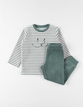 2-piece velvet pyjamas with stripes, light beige/forest green