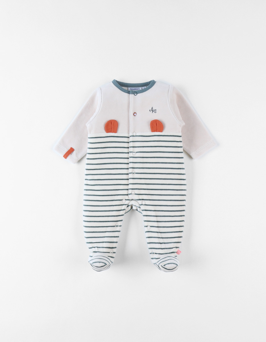 1-delige pyjama met streepjes uit fluweel, lichtbeige/bosgroen