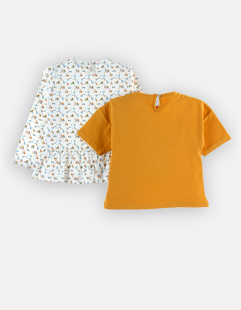Set de 2 t-shirts en coton BIO, jaune moutarde/écru