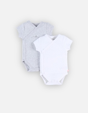 Set of 2 cross-over short-sleeved bodysuits, light grey/white