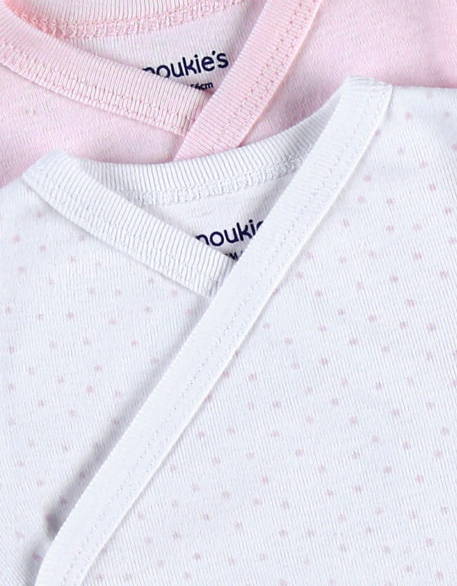 Set of 2 cross-over short-sleeved bodysuits, light pink/white