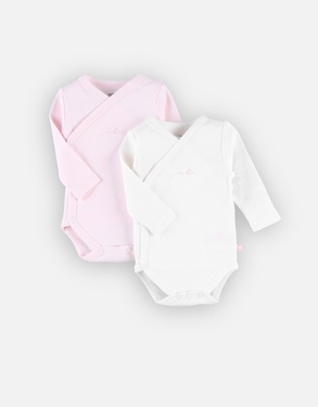 Set of 2 cross-over long-sleeved bodysuits, light pink/white