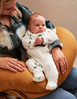 Organic jersey cushion for mother and baby, ochre