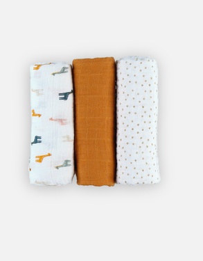 Set of 3 70 x 70 cm organic muslin swaddles, off-white and ochre