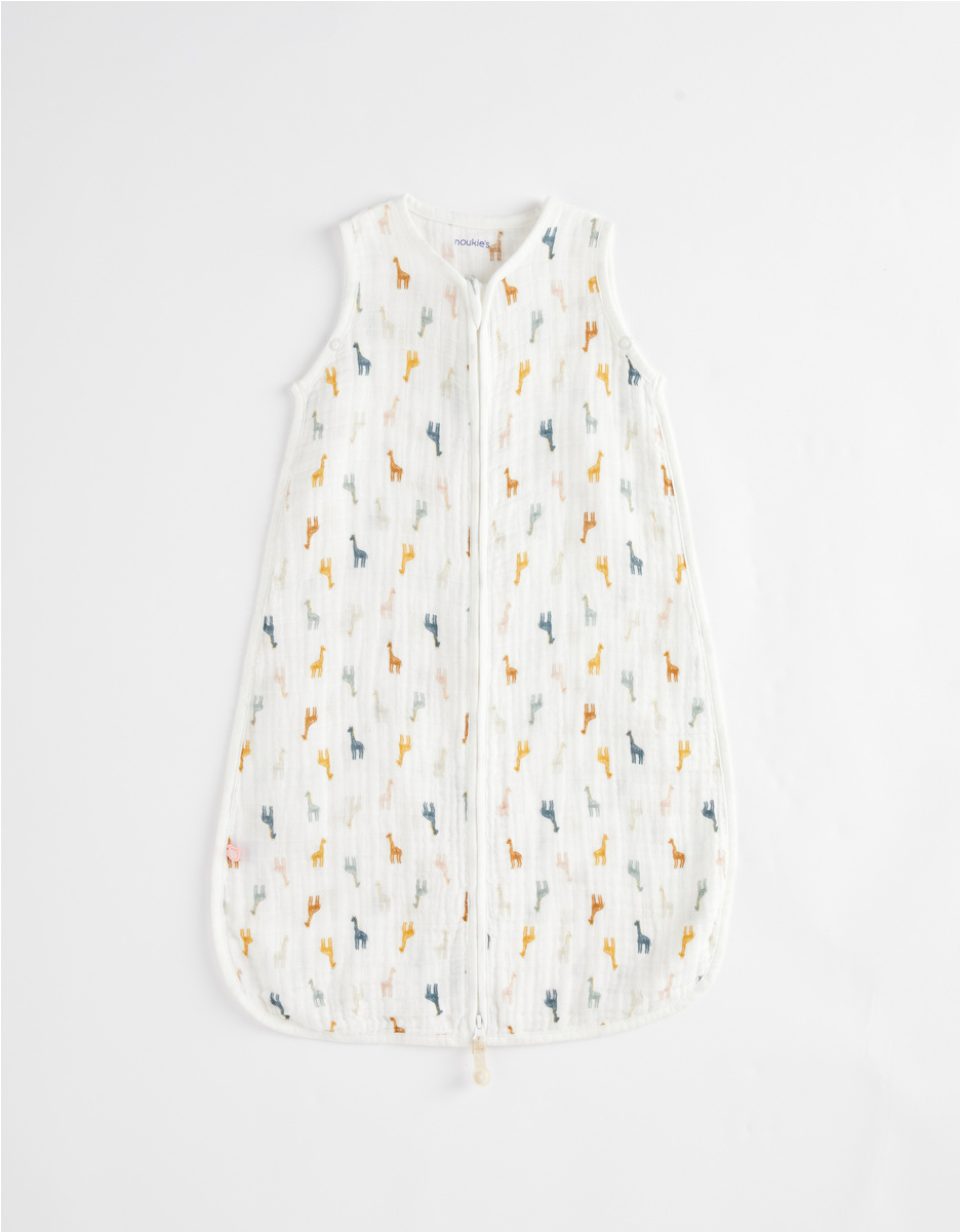 70 cm organic muslin sleeping bag with giraffe print, off-white