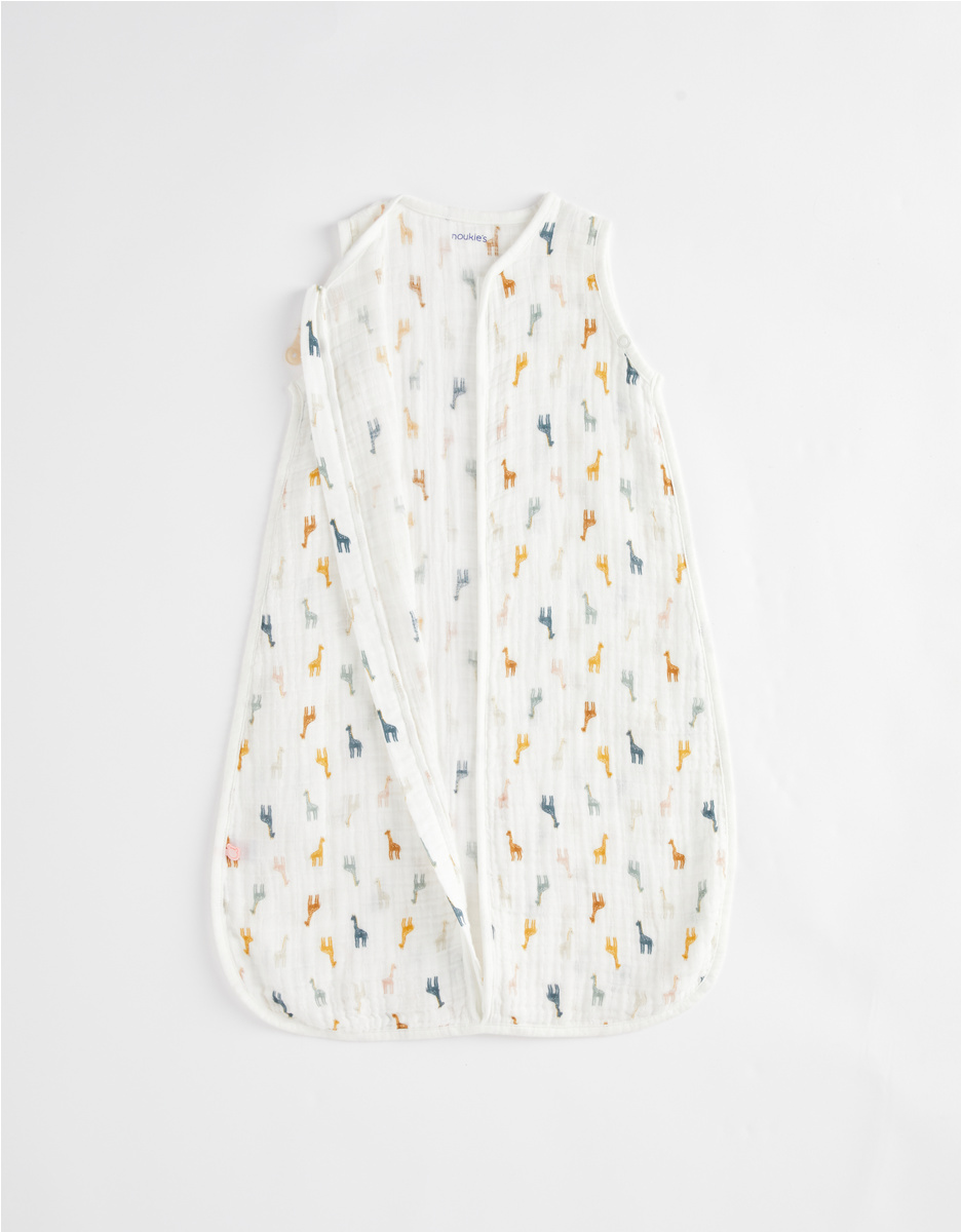 70 cm organic muslin sleeping bag with giraffe print, off-white