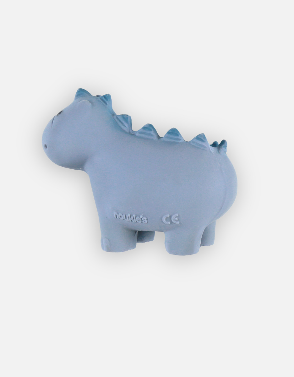 Natural rubber dinosaur bath toy with rattle, blue
