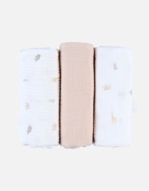 Set of 3 animal print muslin swaddles, off-white/beige