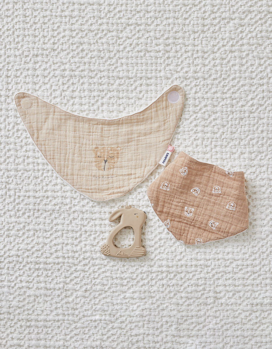 Set de 2 bavoirs bandana léopard en mousseline et éponge, cappuccino/beige