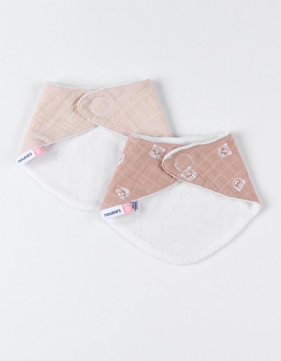 Set of 2 muslin and terrry dribble bibs, cappuccino/beige