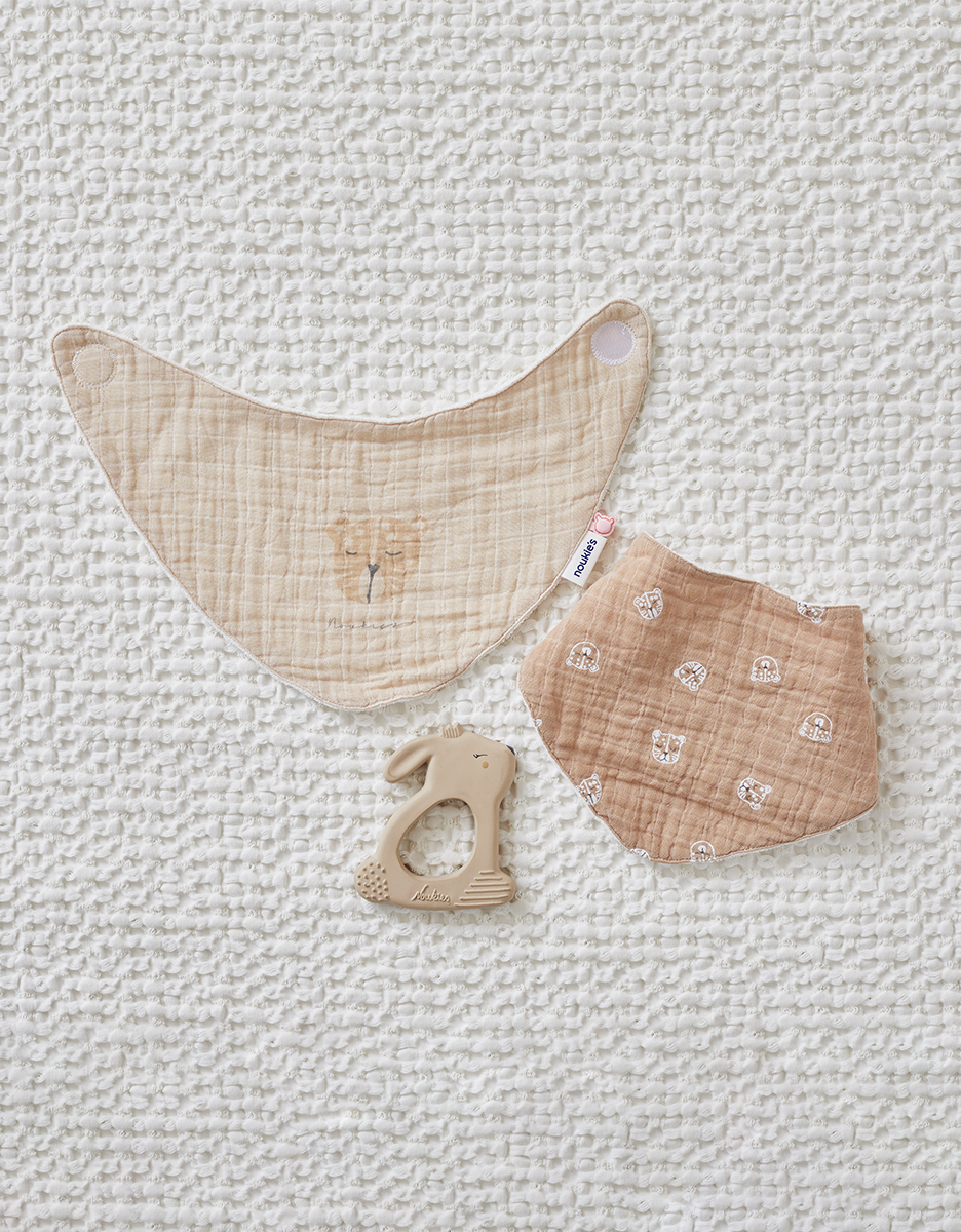 Set of 2 muslin and terrry dribble bibs, cappuccino/beige