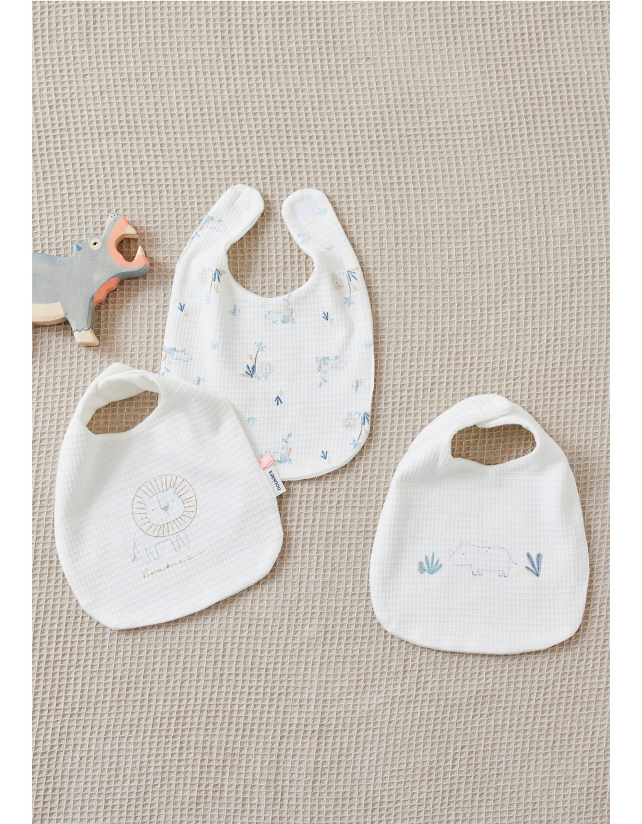 Lot de 3 bavoirs imprimé savane en jersey gaufré, écru