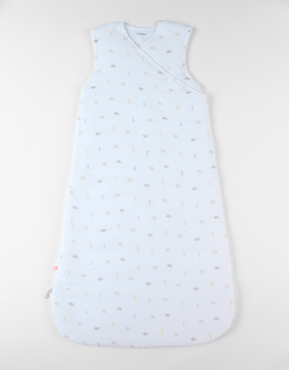 100 cm padded muslin sleeping bag with animal print, off-white