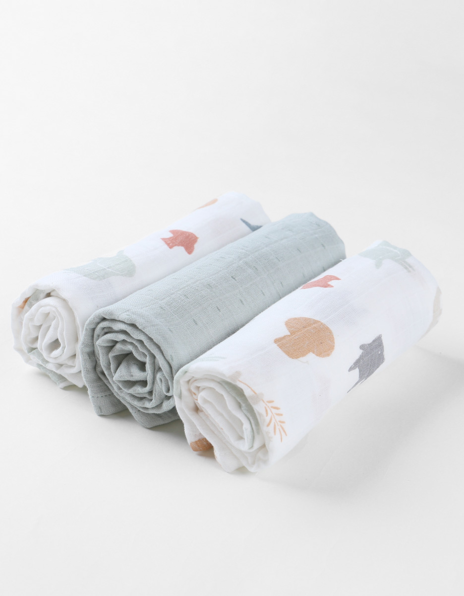 Set of 3 "jungle" print muslin swaddles, ecru