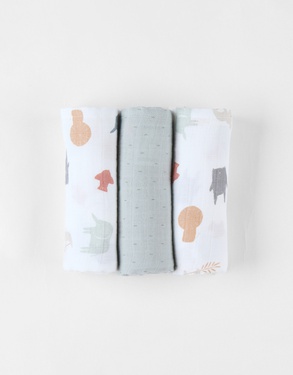 Set of 3 "jungle" print muslin swaddles, ecru