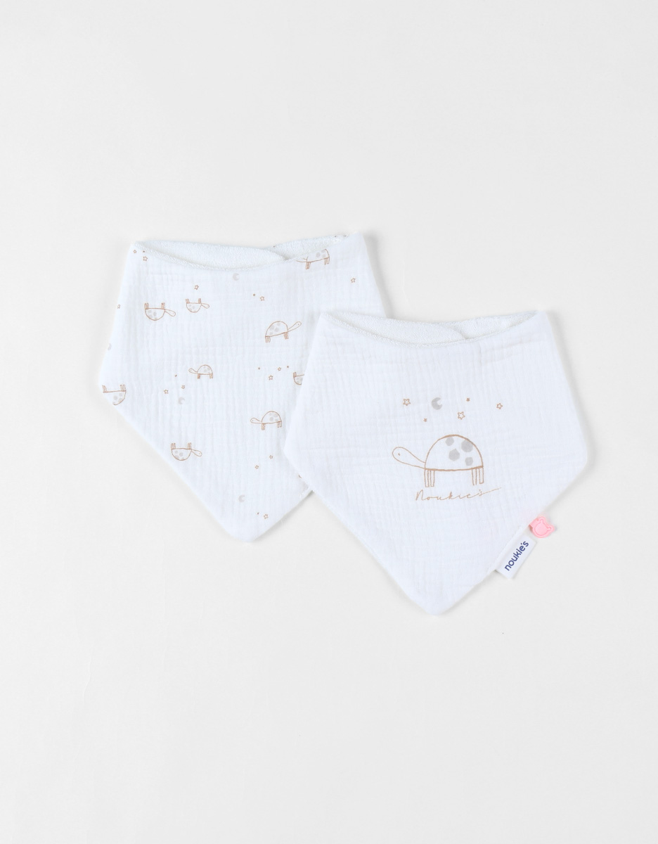 Set de 2 bavoirs bandana tortue en mousseline et éponge, écru 