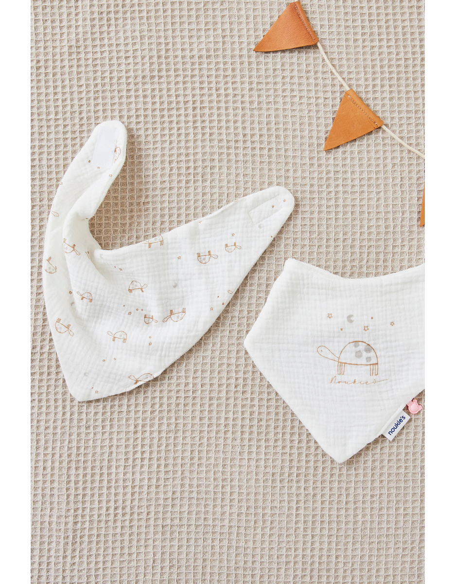 Set of 2 turtle bandana bibs in muslin and terry cloth, ecru