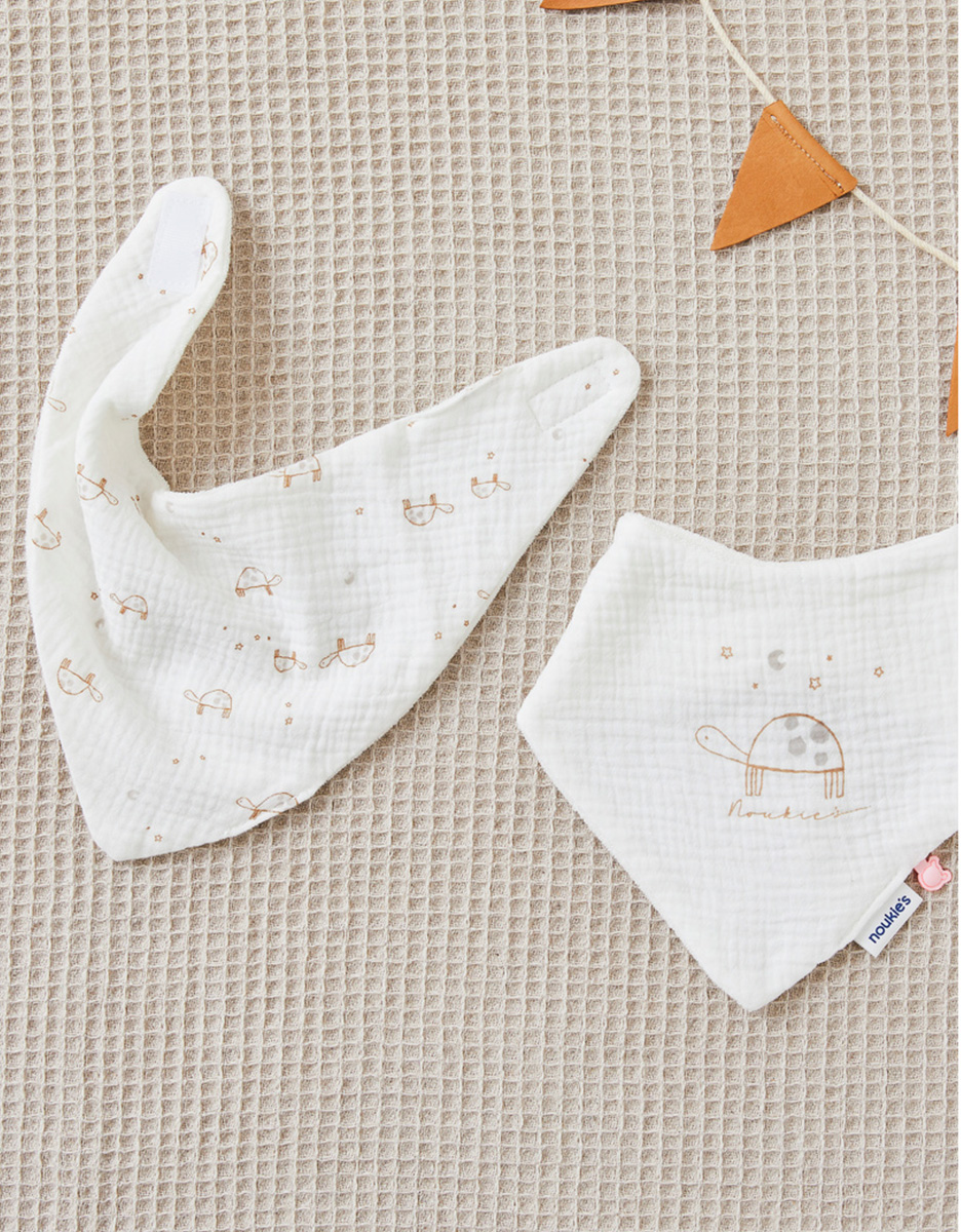 Set of 2 turtle bandana bibs in muslin and terry cloth, ecru