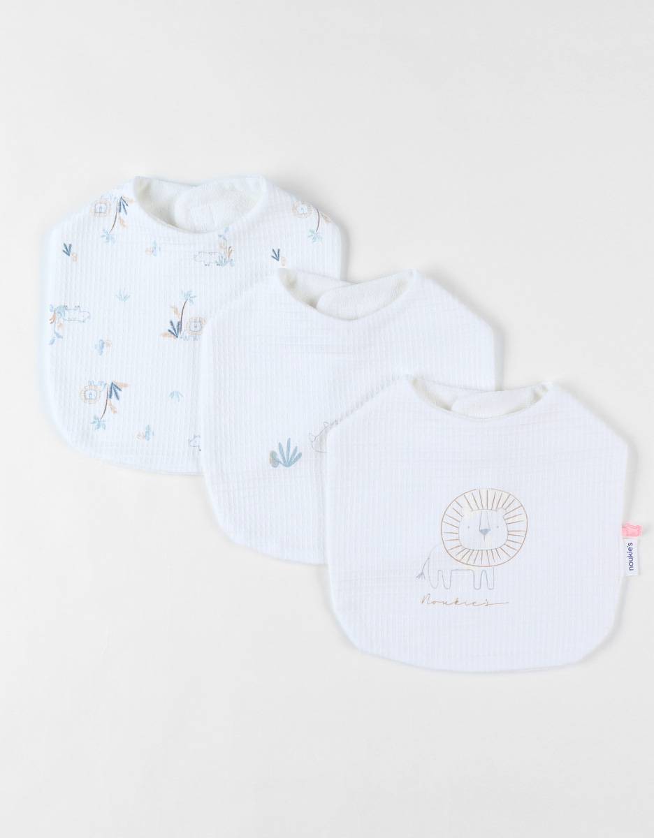 Set of 3 waffle jersey bibs with savanna print, off-white