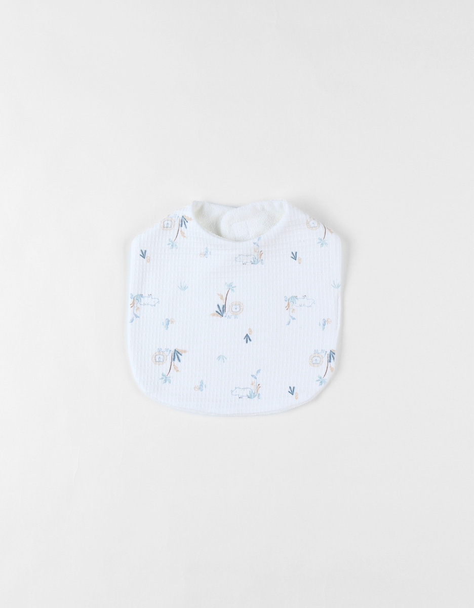 Set of 3 waffle jersey bibs with savanna print, off-white