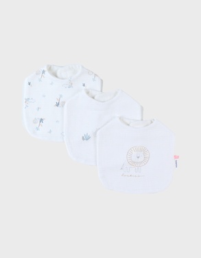 Set of 3 waffle jersey bibs with savanna print, off-white