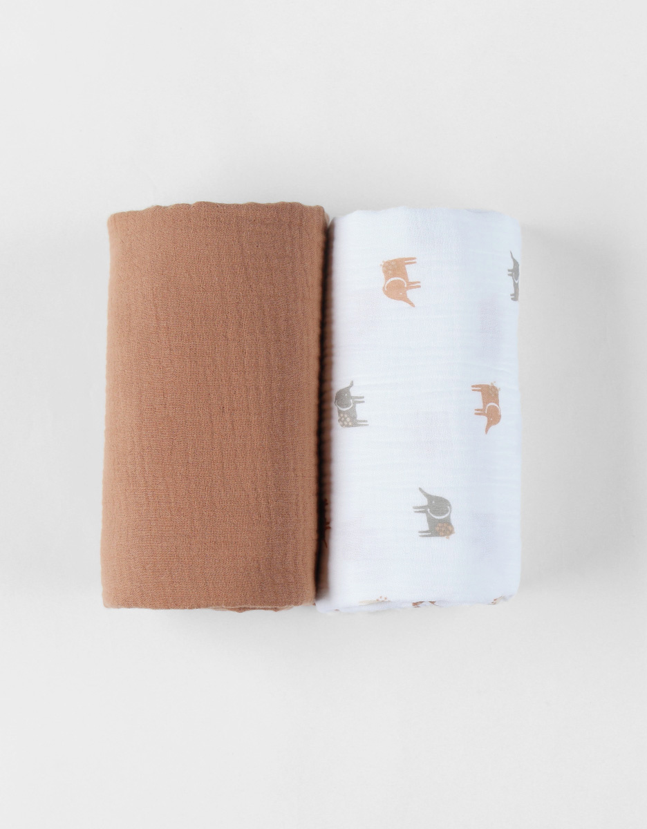 Set met 2  "olifant" luierdoeken uit mousseline 100x100 cm, wit