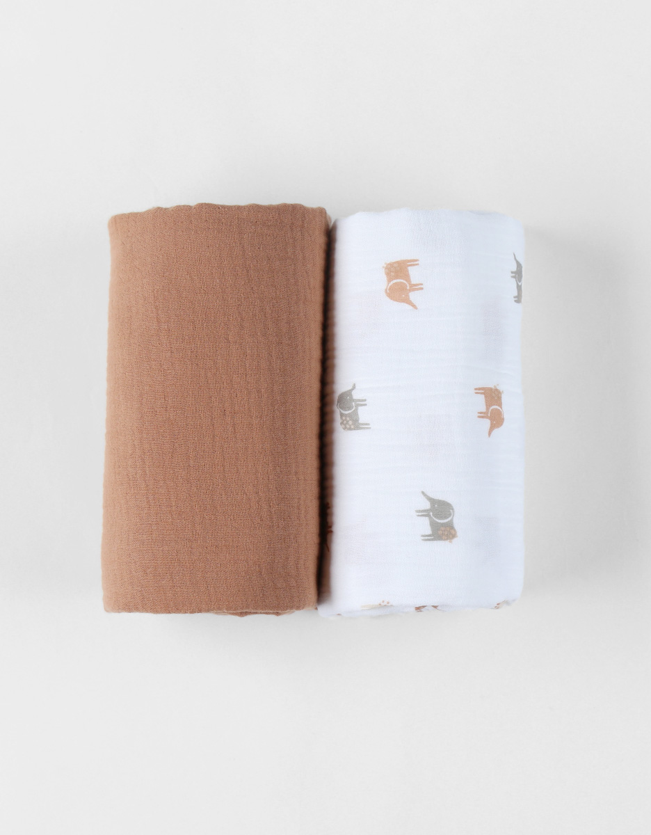 Set of 2 "elephant" print muslin swaddles 70x70 cm, white