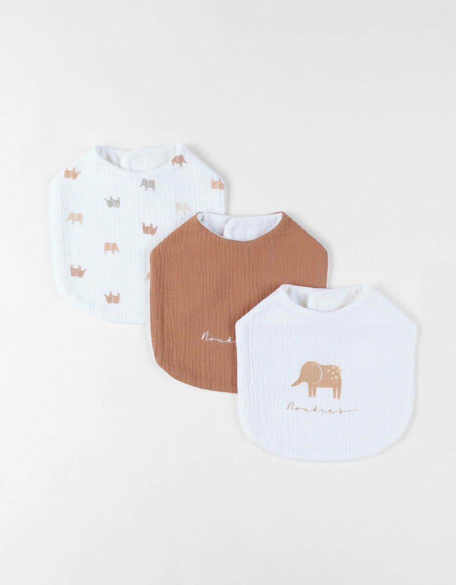 Lot de 3 bavoirs imprimé éléphant en mousseline, blanc