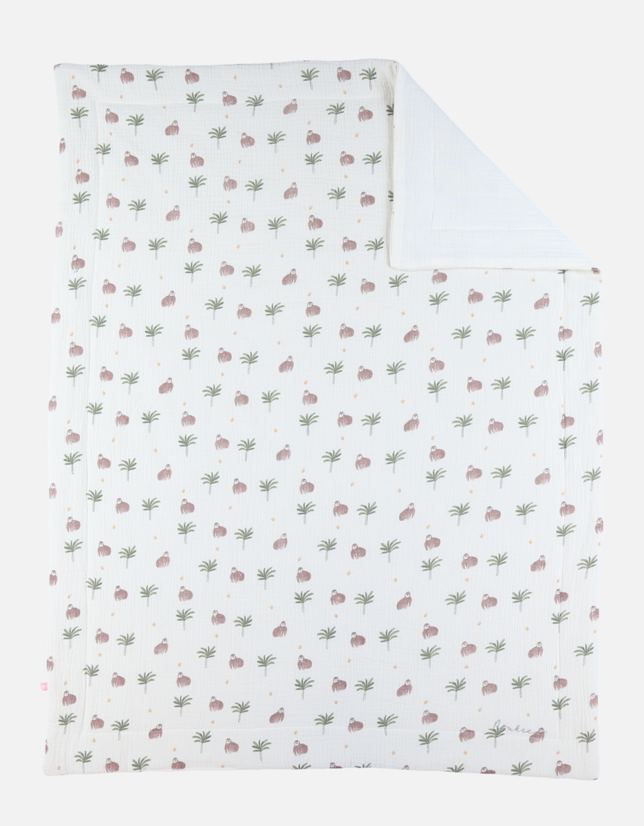 Cotton muslin blanket with a gorilla patern, off-white