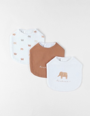 Set of 3 muslin bibs with an elephant pattern, white