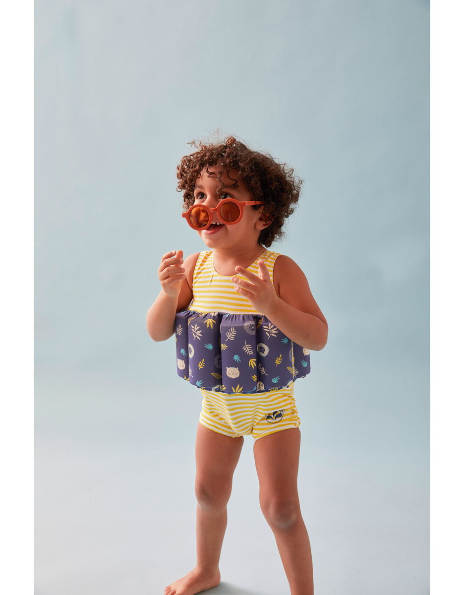 Maillot bouée rayé à imprimés, jaune/bleu marine