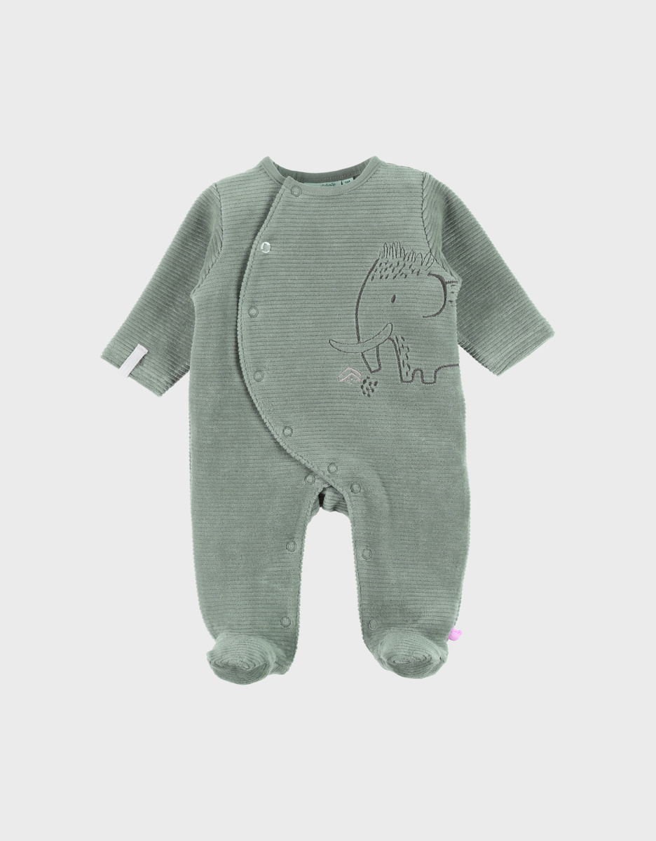 Groene babypyjama met olifantenborduursel in geribd fluweel
