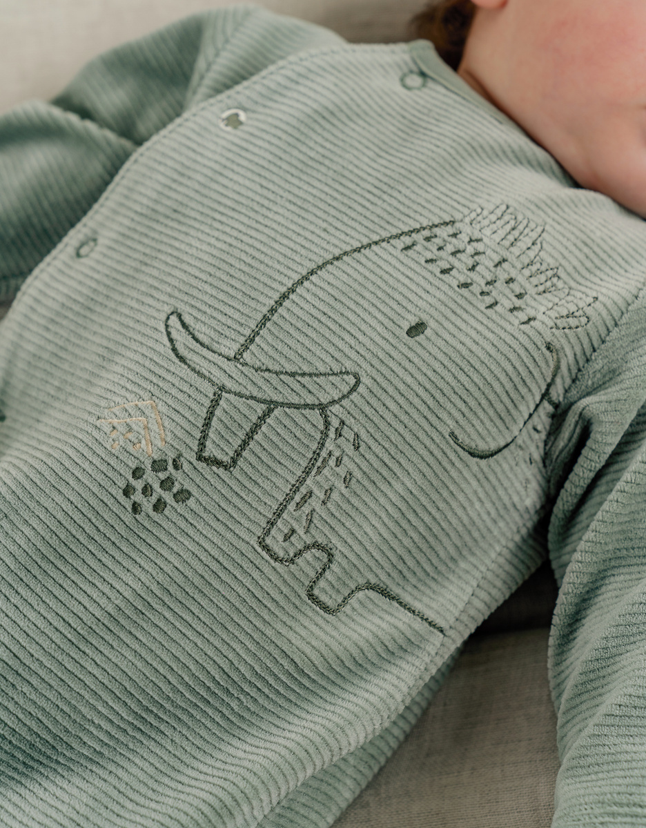 Groene babypyjama met olifantenborduursel in geribd fluweel
