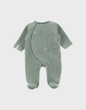 Groene babypyjama met olifantenborduursel in geribd fluweel
