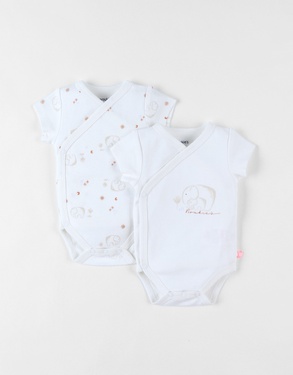 Set with 2 elephant cotton newborn bodysuits, off-white