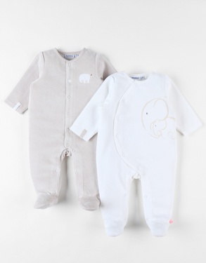 Set met 2 1-delige pyjamas uit fluweel voor pasgeborenen , beige/ecru