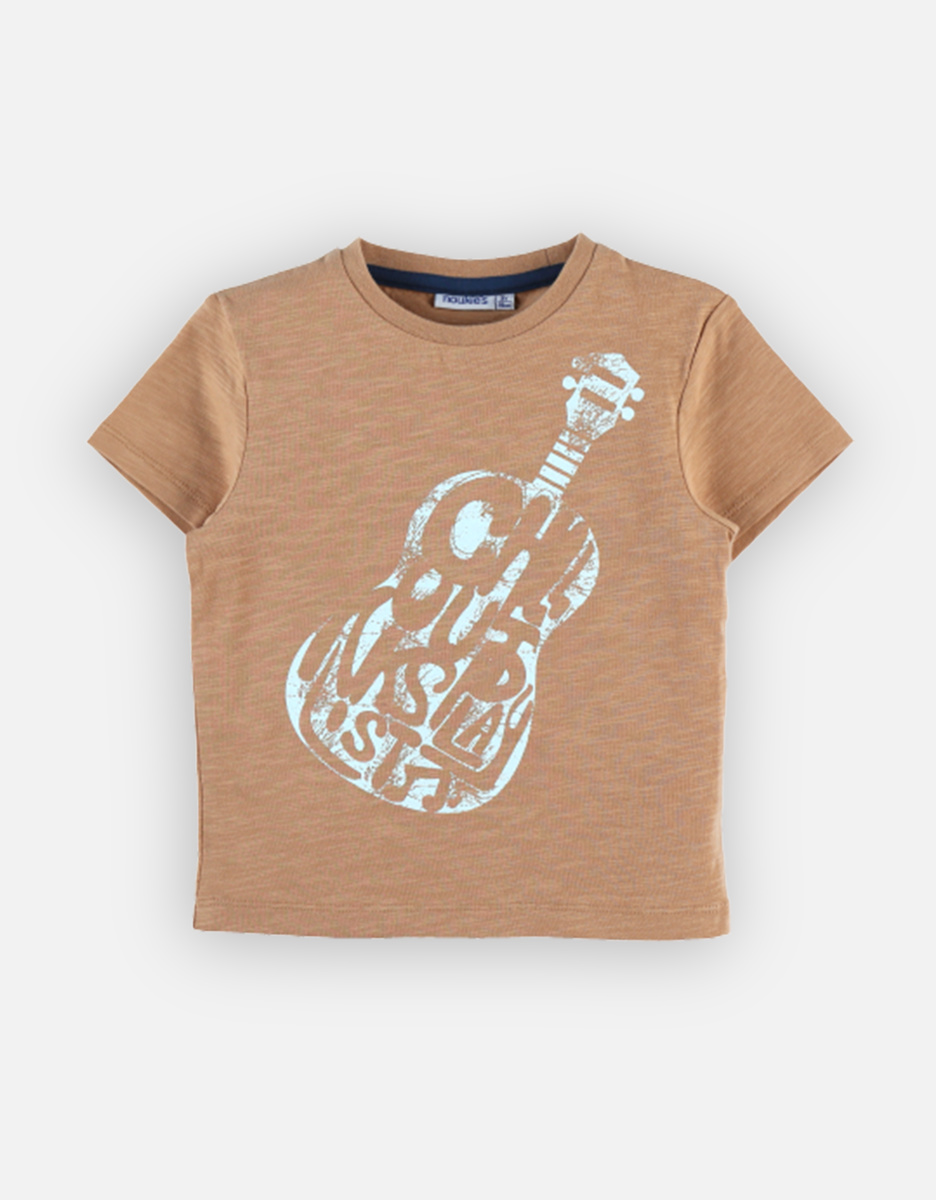 T-shirt imprimé guitare en coton BIO, camel