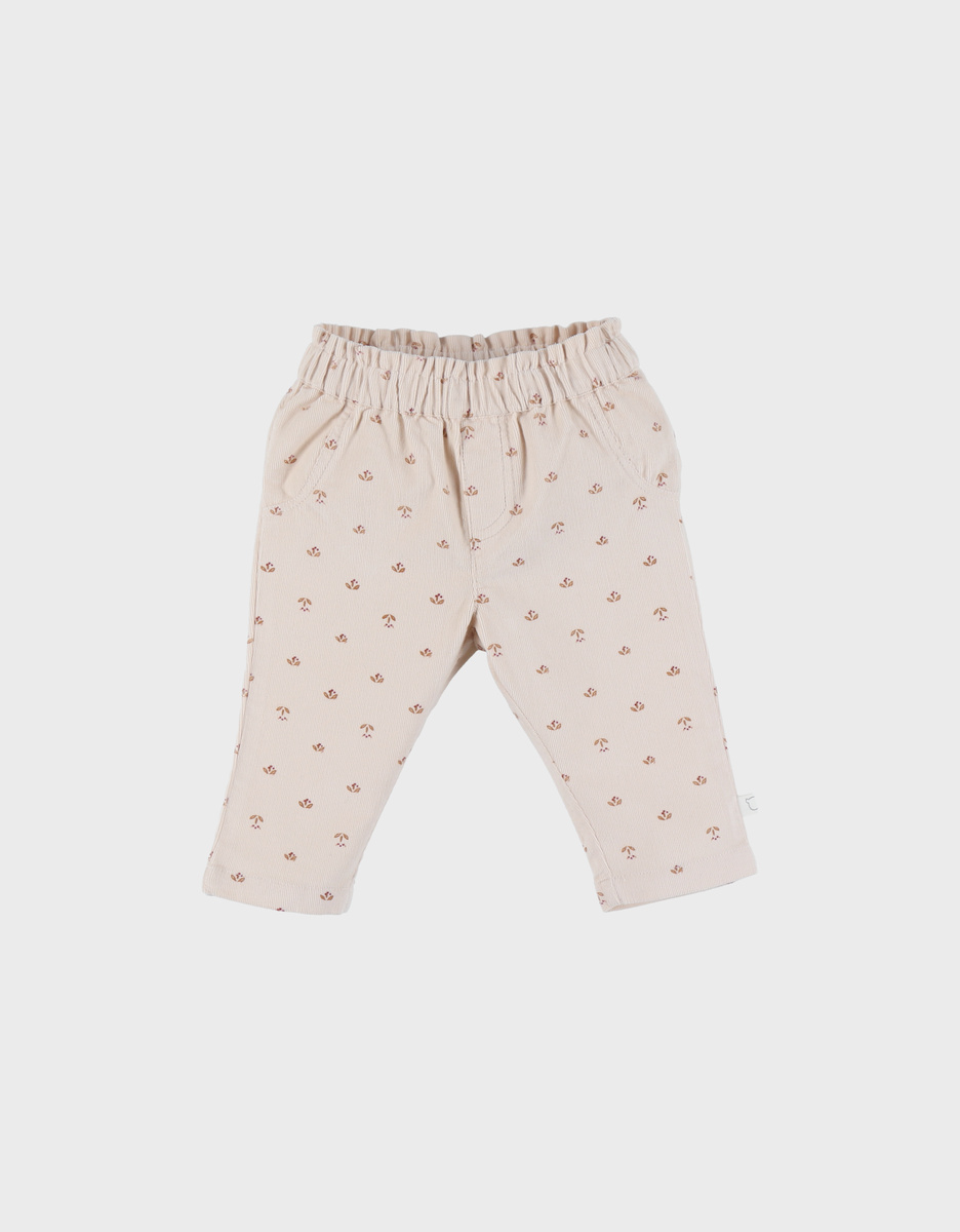 Pantalon fille velours côtelé motif nature rose