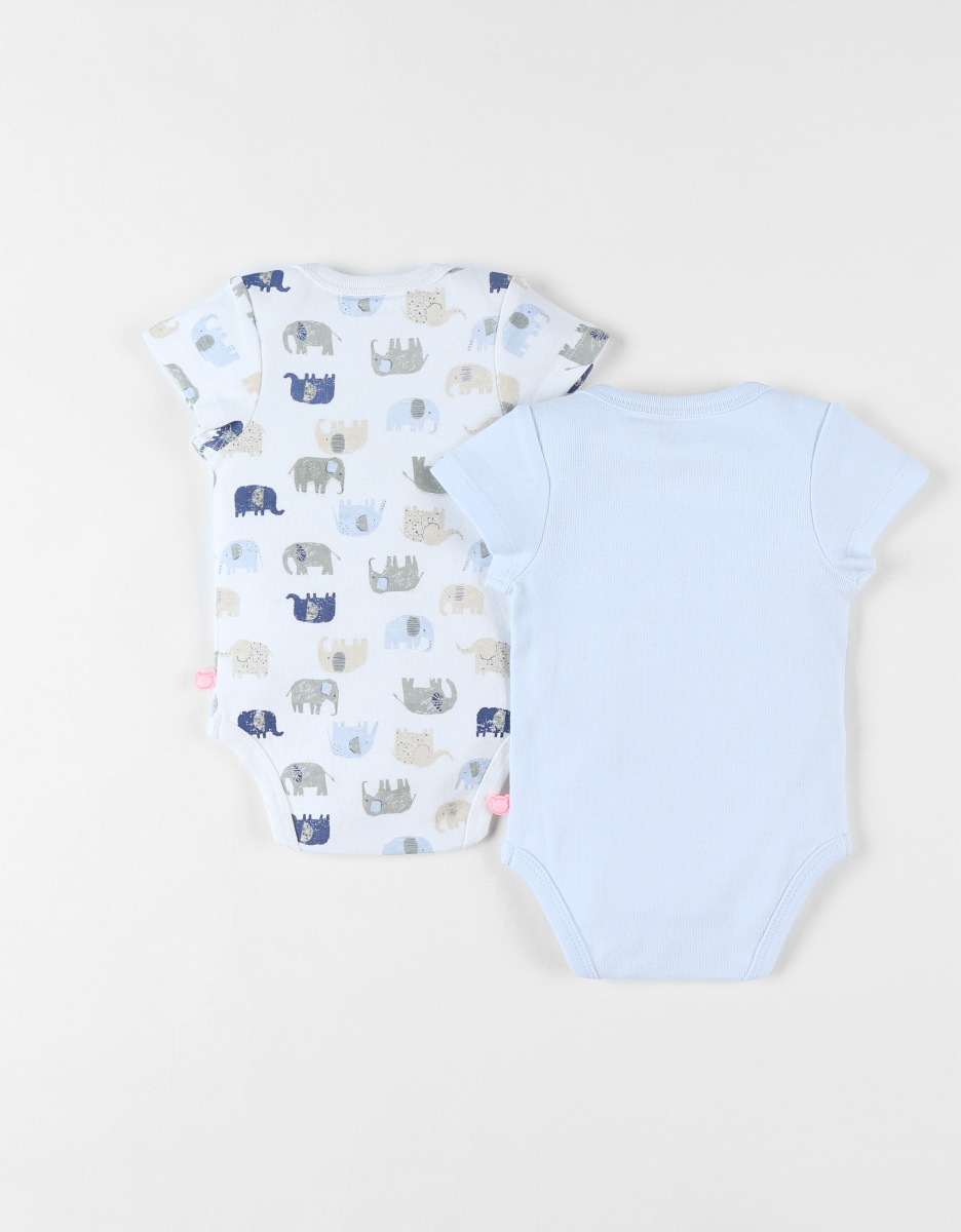 Set with 2 elephants cotton bodysuits, off-white/light blue