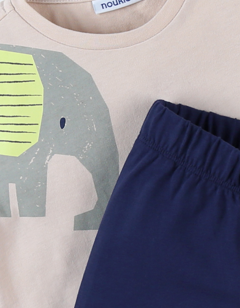 Pyjama 2 pièces éléphants en jersey, sable/indigo