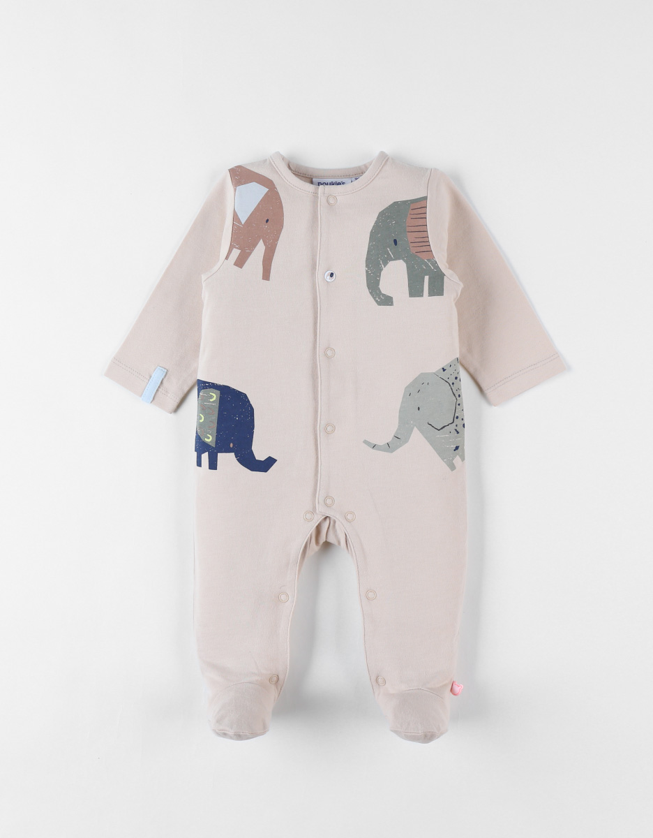 Jersey elephant-print 1-piece pyjamas, sand