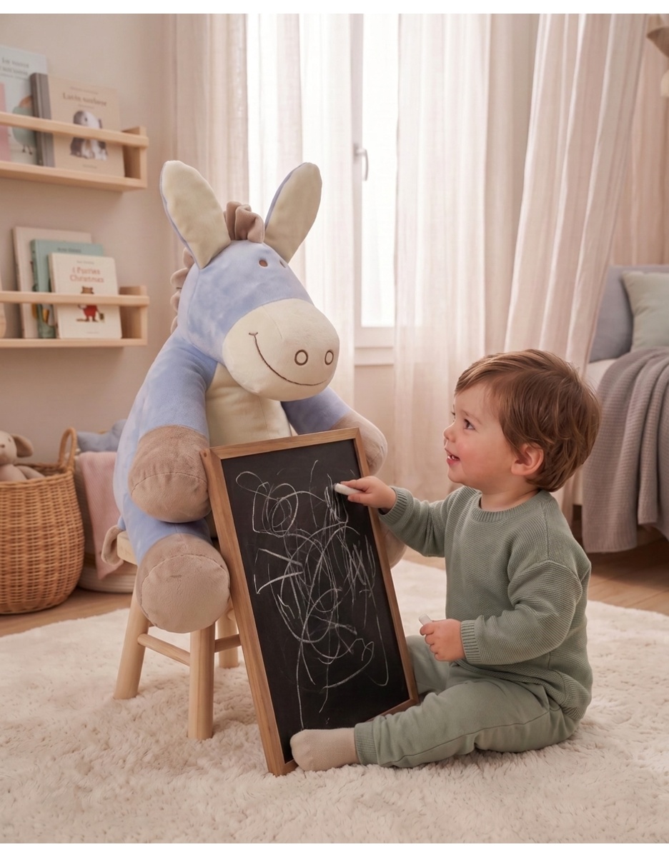 Peluche âne bleu Paco 80 cm avec pochon cadeau